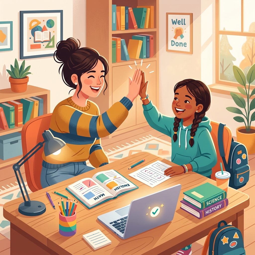 Mãe e filho comemorando o estudo